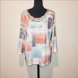NWOT Alfred Dunner Womens Multi-Color Square Pattern Blouse Size: Large