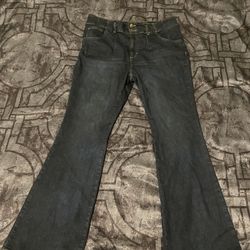 flared dark blue jeans