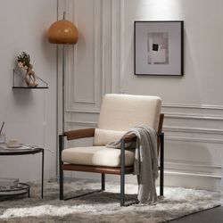Beige Modern Linen Fabric Upholstered Single Sofa with Black Coated Metal Frame Creamy White and Brown [NEW]