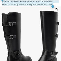 Women's Low Heel Knee High Boots Three Buckle Strap  Round Toe Riding Boots Stretchy Fashion