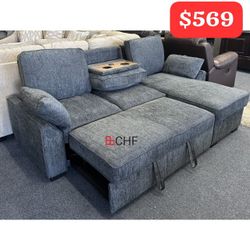 91"W Beige Chenille REVERSIBLE Sleeper Sectional with Storage Chaise, Drop-Down Table, Cup Holders