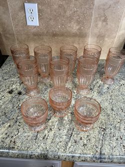 Vintage Anchor Hocking Annapolis Rose water Pink Glass Footed Tumblers And Sundae Glass Set Of 11