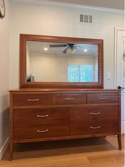 Solid wood mid century modern dresser and mirror