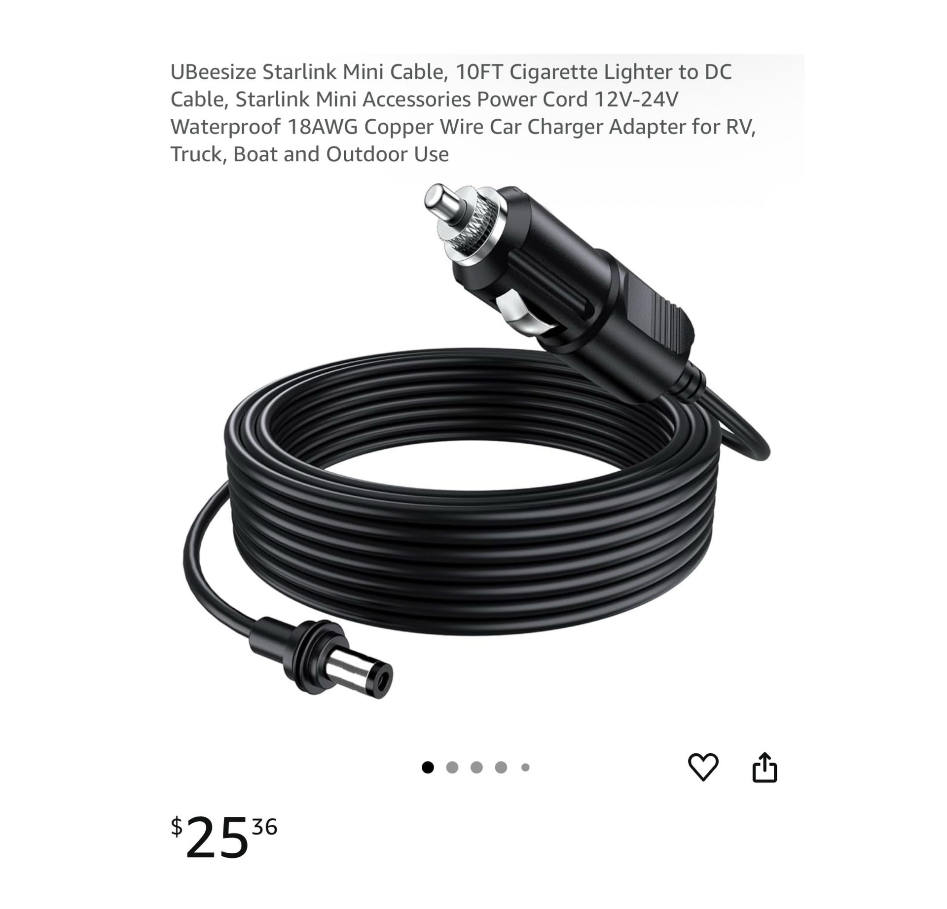 Brand new Starlink Mini Cable, 10FT Cigarette Lighter to DC Cable, Starlink Mini Accessories Power Cord 12V-24V Waterproof 18AWG Copper Wire Car Charg