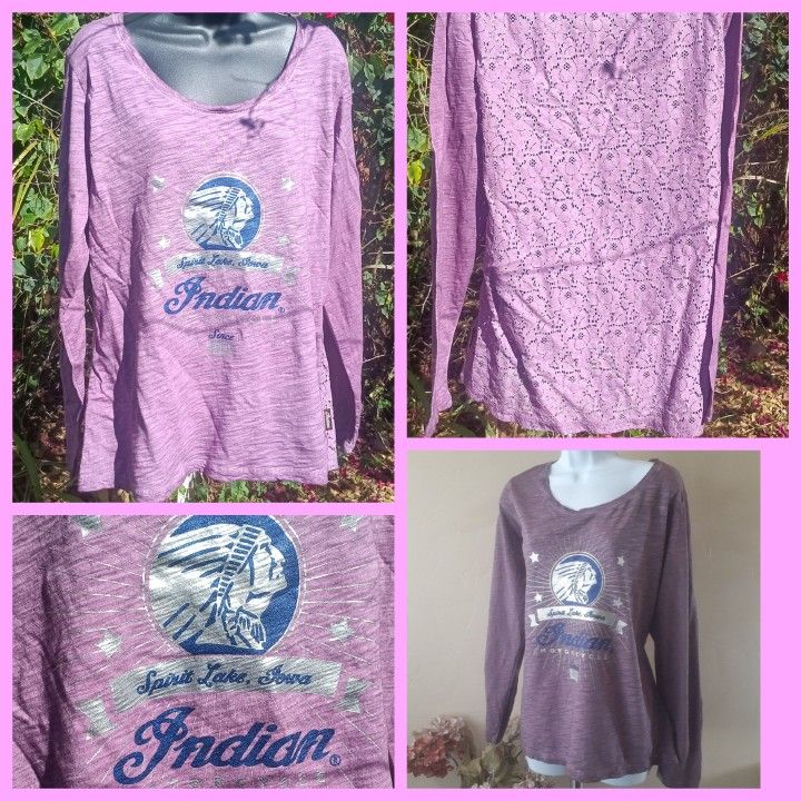 GENUINE Indian Motorcycle Womens LACE BACK long sleeve T-Shirt PURPLE with Blue/Silver Glitter Logo XL
