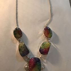 Beautiful Rainbow Solar Quartz Stone 22” Necklace Encased In Silver Handmade In India