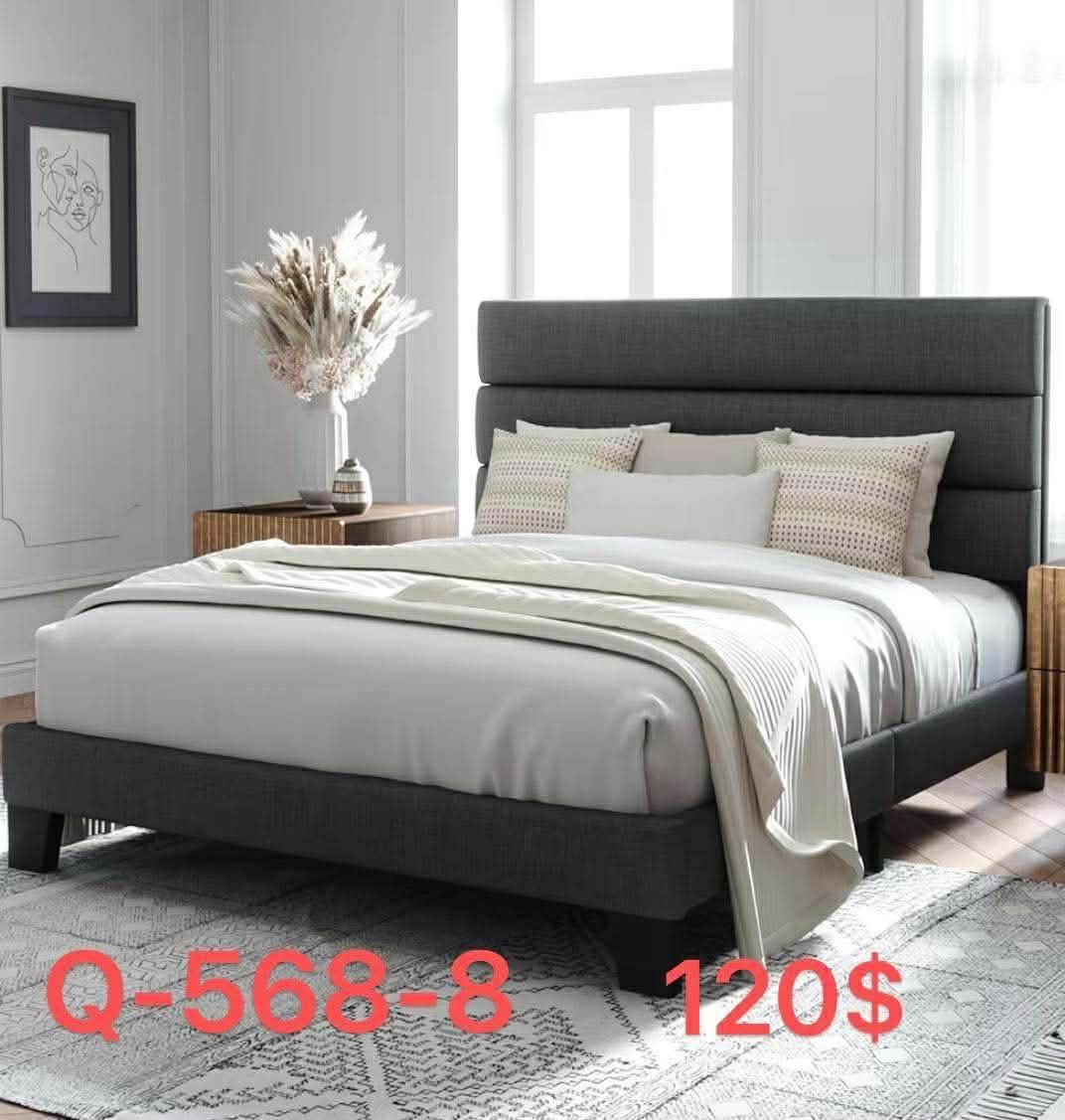 (Q-568-8)Queen Size Platform Bed Frame with Fabric Upholstered Headboard and Wooden Slats Support
