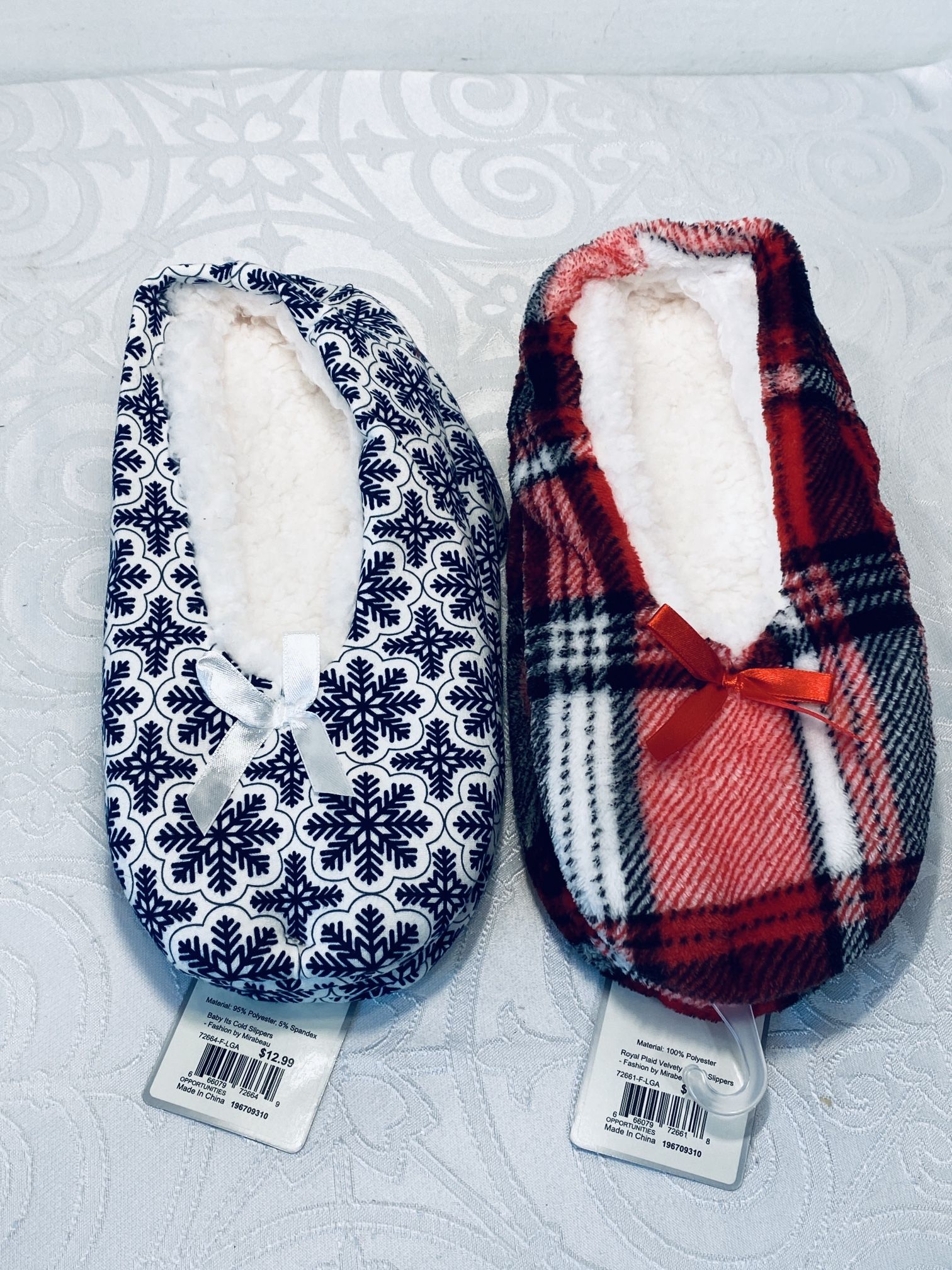 2 NEW PR Slipper Sox W/Grippers L/XL Fashion Mirabeau Red Plaid, Blue Snowflake
