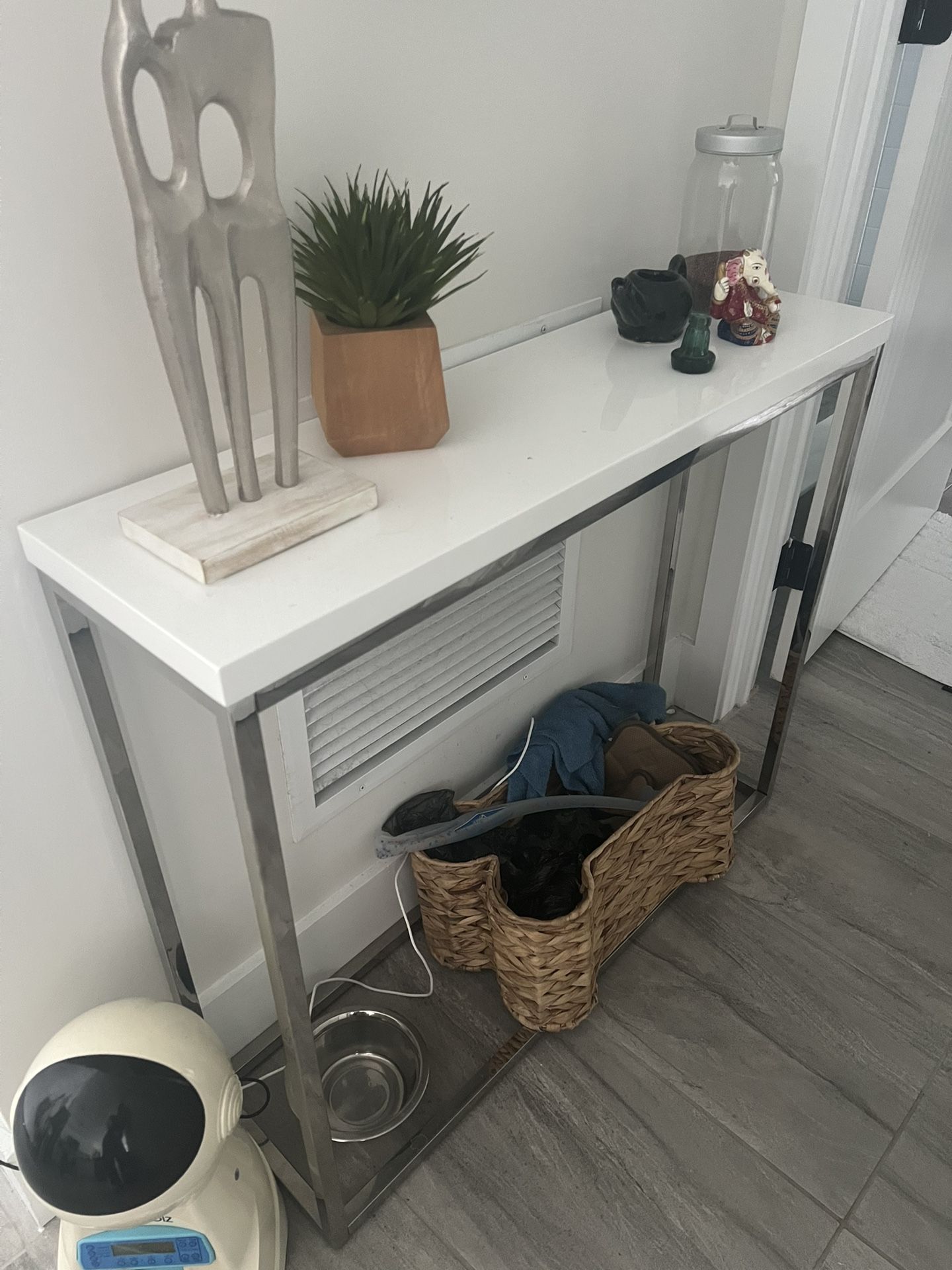Side Table, White and Silver, 36x10x30 Inches 