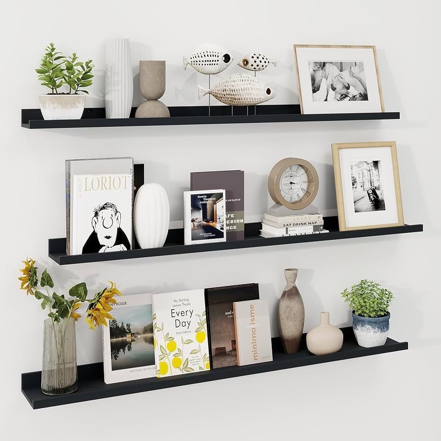 Picture Ledge Shelf 48 Inch, Black Floating Shelves for Wall Set of 3, Picture Shelf for Wall with Ledge, Long Floating Shelves with Lip, Photo Ledge