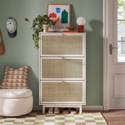 mopio Hannah Shoe Cabinet, Natural Rattan Farmhouse Shoe Storage Organizer, 3 Door Closet Rack for Entryway, Spacious Hallway Storage Cabinet with Doo