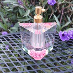 BRAND NEW PERFUME BOTTLE WITH ATOMIZER,  HANDCARVED PINK ROSE AND GREEN LEAVES,  BIRCRAFT ORIGINAL 