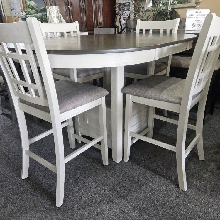 Brand New Gray/Off White Counter High Dining Table (60"×42"×36", 18" Leaf) + 4 Gray Linen Chairs
