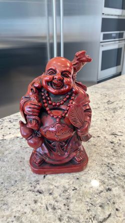 Vintage Red Resin Laughing Buddha Statue - Heavy, 8" Feng Shui Budai