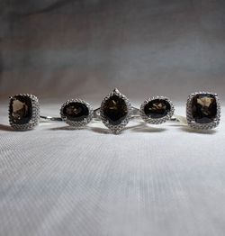 Smoky Quartz 5-Stone Multi Finger Cocktail Ring, Rhodium Over Sterling Silver