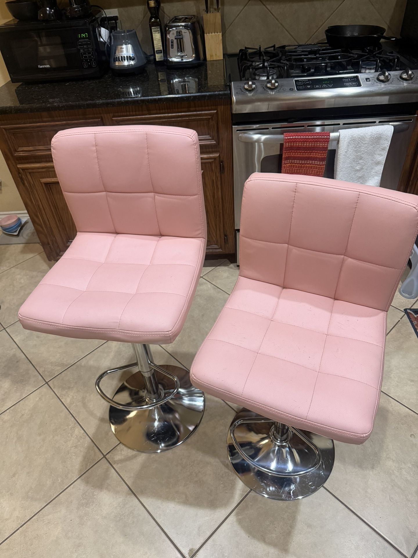 Pair of Pink IKEA Swivel Bar Stools - Adjustable Height & Tufted Leatherette