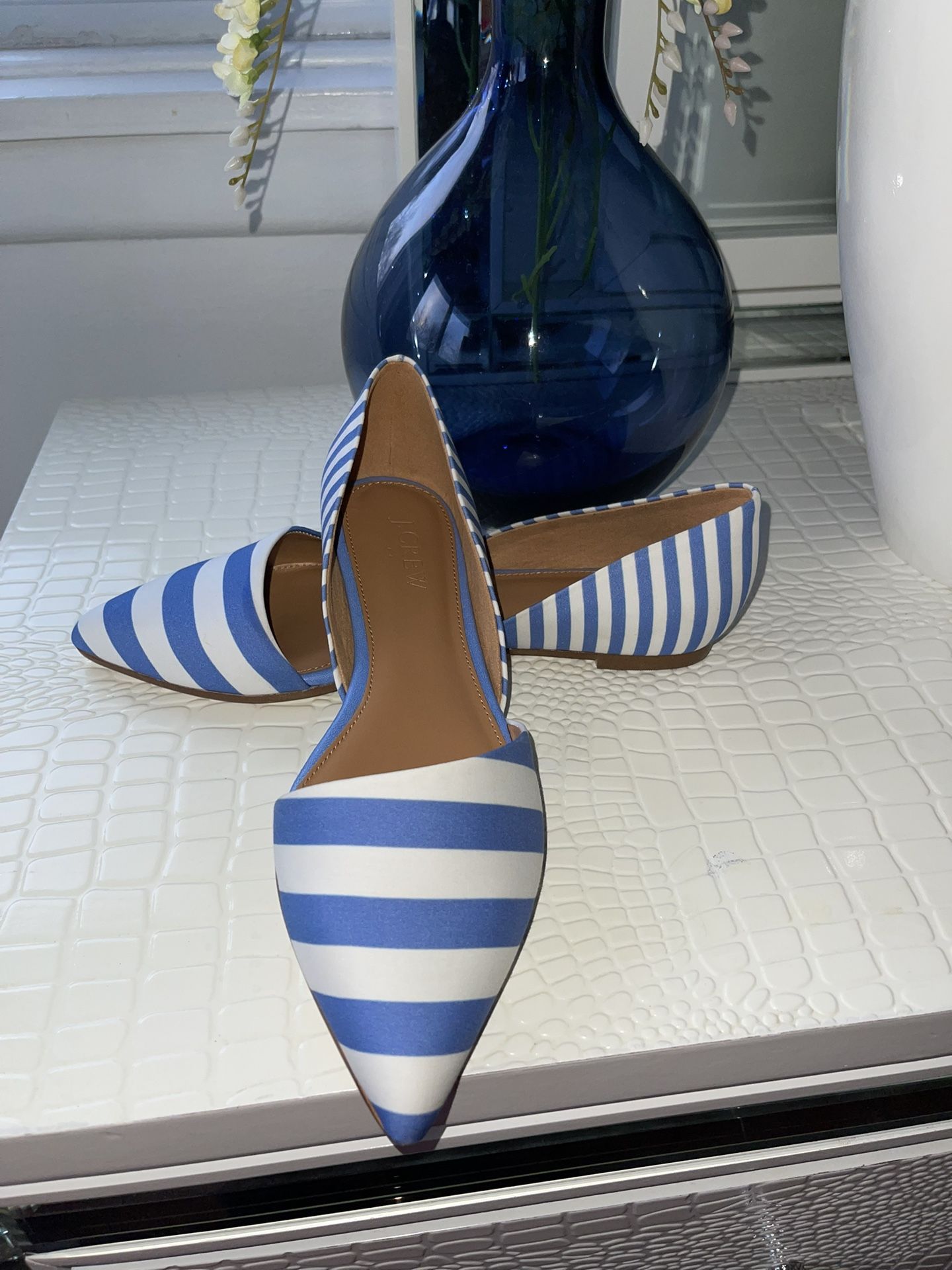 J.Crew Women’s D’orsay Flats Pointed Toe Blue /White Stripes Fabric Size 7 , New Never Used ,not Box