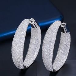 Exquisite Paved Fully Iced 14K White Gold-Plated Cubic Zirconia Women Earrings 