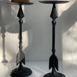 Vintage Slender, Sleek & Heavy Cast Iron Arrow Head Pillar Candle Holders Pair / Set. 11.5” H