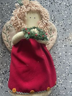 Country Doll Burgundy Dress Wreath Angel Christmas Ornament Shelf Sitter