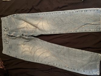 Brand new Young thug spider blue jeans oversized baggy size 32 spider web knitted
