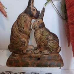Vintage Mother & Baby Rabbit Figurine Rustic Hand Painted Bunny Cottage Decor1980s–1990s cottage / country decor style