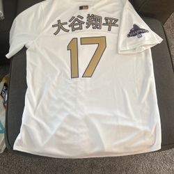 Men’s #17 Shohei Ohtani Kanji Champion Ship Gold Jersey