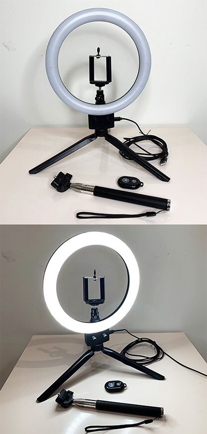 (New in box) $25 each LED 8” Ring Light Dimmable Table Stand USB Connection w/ Selfie Stick, Camera Remote