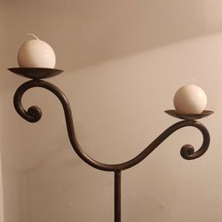 Vintage Mid Century 67-3/4" Tall Wrought Iron Duo Candle Holder with Sun

