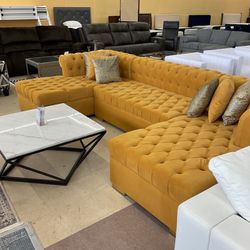 Mustard Double Chaise Sectional Sofa Pillows Included 