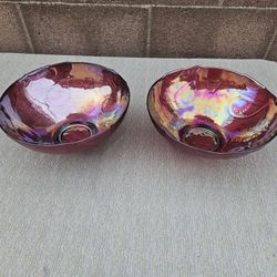Rare Pair of 10" Ruby Red Iridescent Carnival Glass Serving Bowls