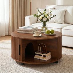 Round Coffee Table with Storage,31.5" Fluted Center Table with Pet House