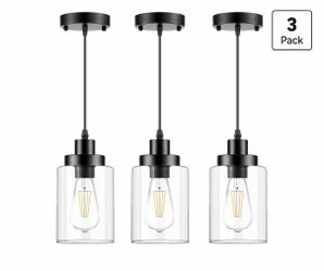 Industrial Pendant Lighting, Modern Clear Glass Shade Farmhouse Adjustable Hanging Light Fixtures for Kitchen Island Living Room Bedroom Hallway, 3-Pa