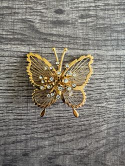 Monet Gold Tone Butterfly Rhinestone Brooch Pin