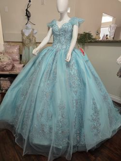 Aqua Quinceañera Dress with Sparkly Silver Embroidery