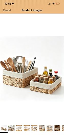 Set of 2 Hyacinth Woven Baskets, Lined Rect Pantry Shelf Storage Organizer