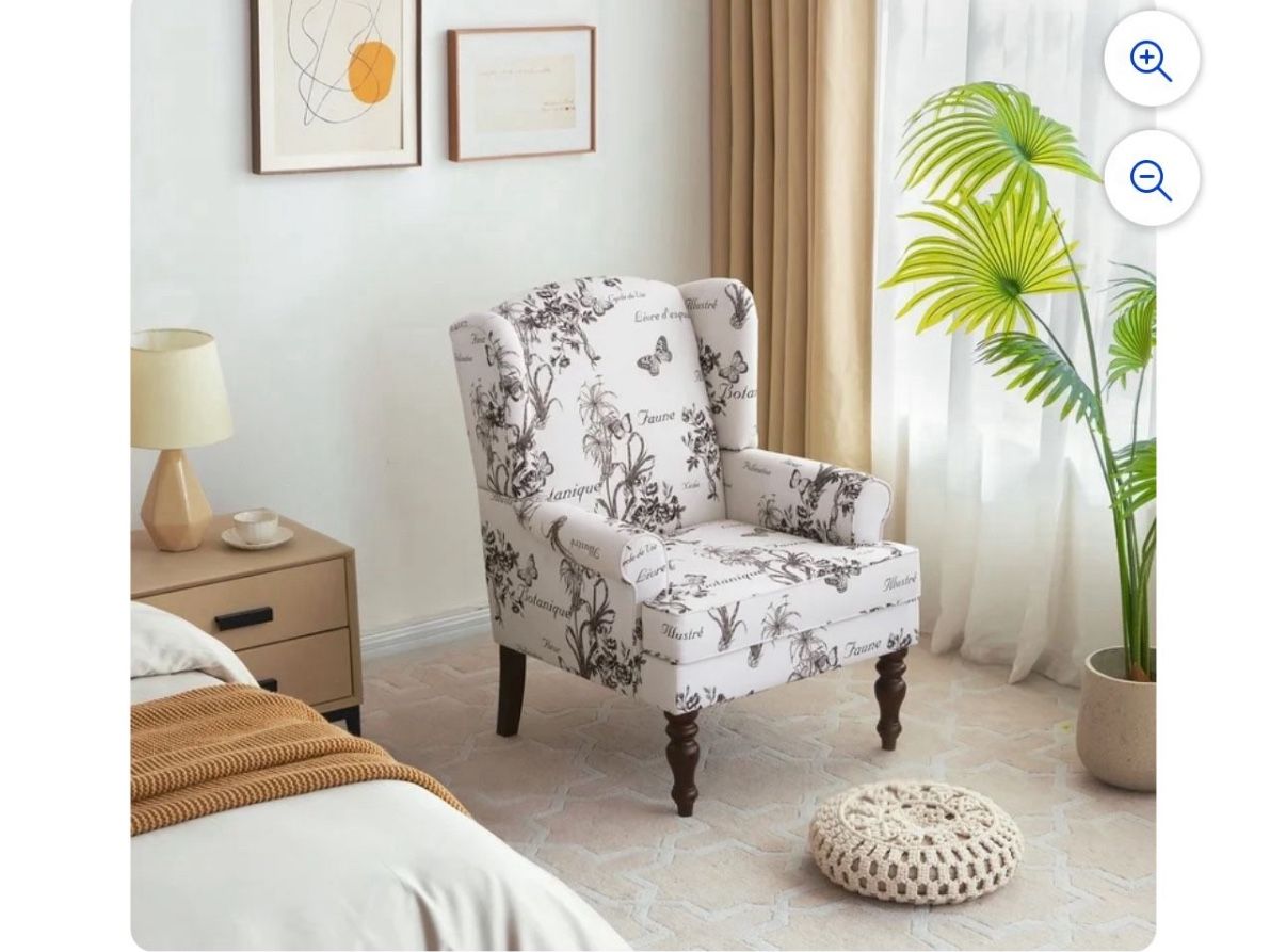 Wingback Accent Chair, Upholstered Mid Century Modern Armchair with Solid Wood Legs, Fabric Linen Leisure Single Sofa Chair for Living Room, Bedroom,