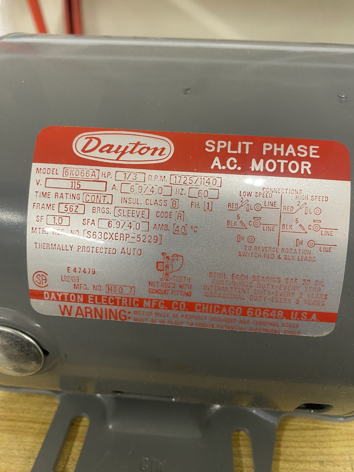 Dayton Split Phase AC Motor 1/3 HP Model 6K066A - www.graciouspharma.com