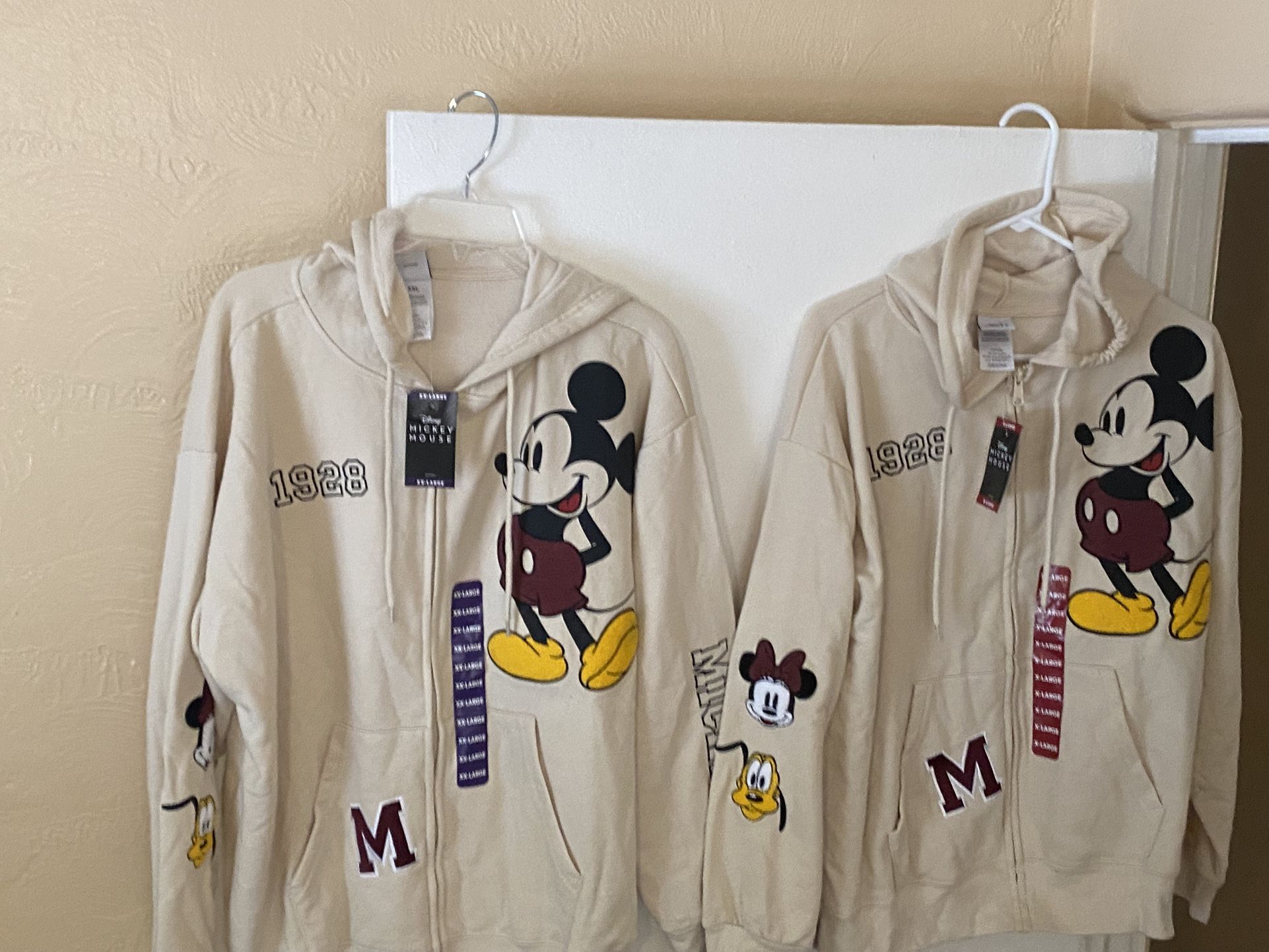 NEW - One Disney Mickey Mouse Women's Size: XXLarge or Size: X-Large Full Zip Sweatshirt Hoodie Chenille Patches For $25