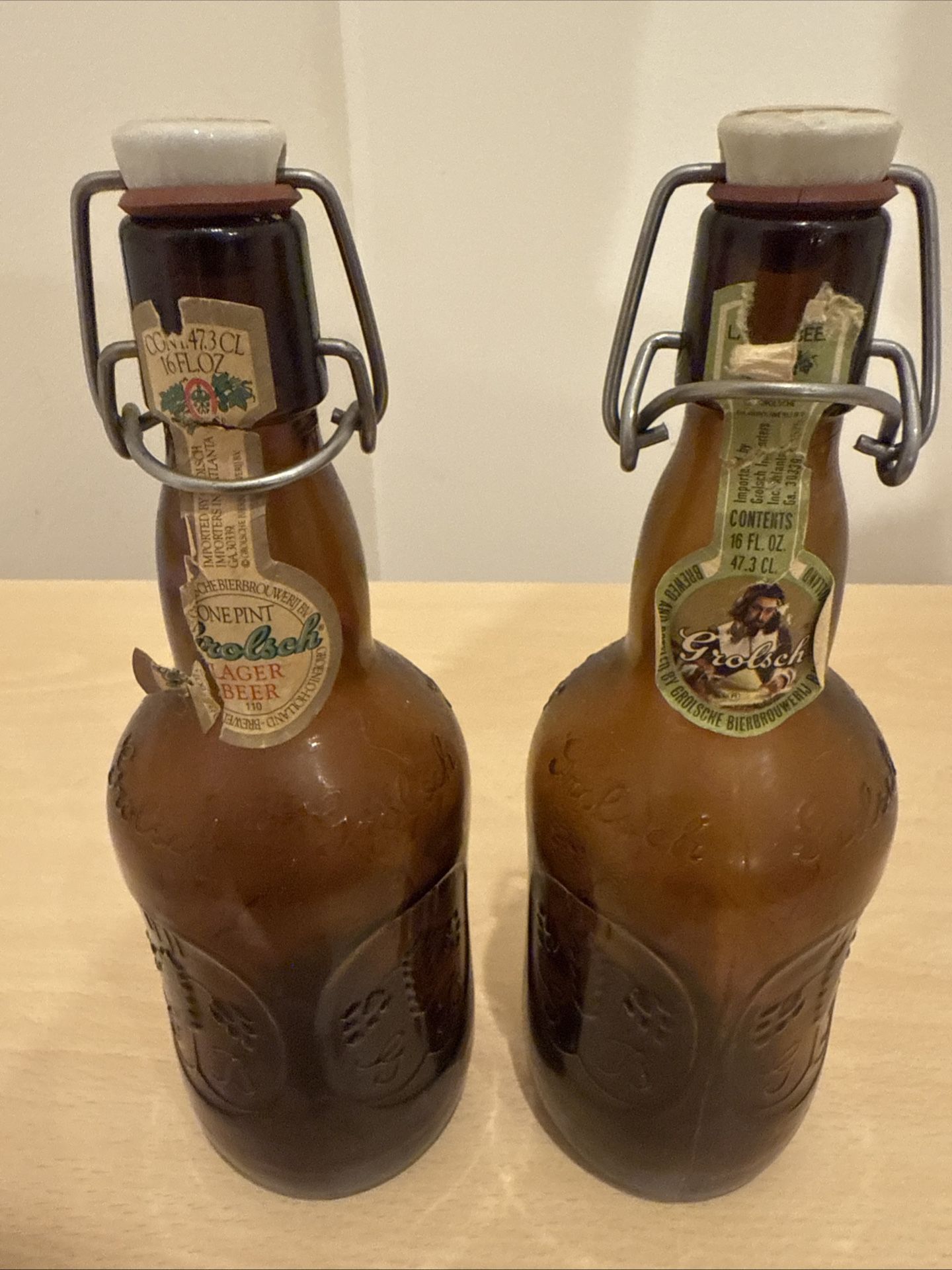 Vintage Grolsch Beer Bottles Porcelain Top, Brown Amber Glass, Embossed 16oz - 2