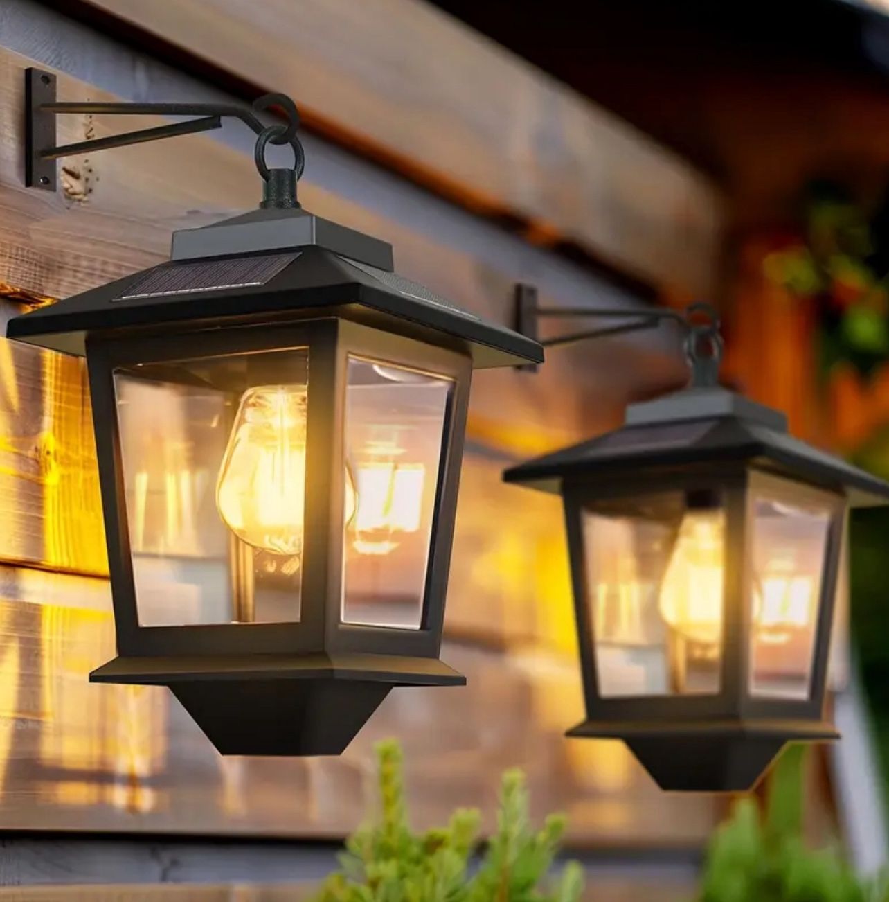 Set of 2 Solar-Powered Wall Lanterns with Glass Bulb,Outdoor Hanging Lights Equipped with 4 Solar Panels, LED Wall Sconces That Operate from Dusk Till