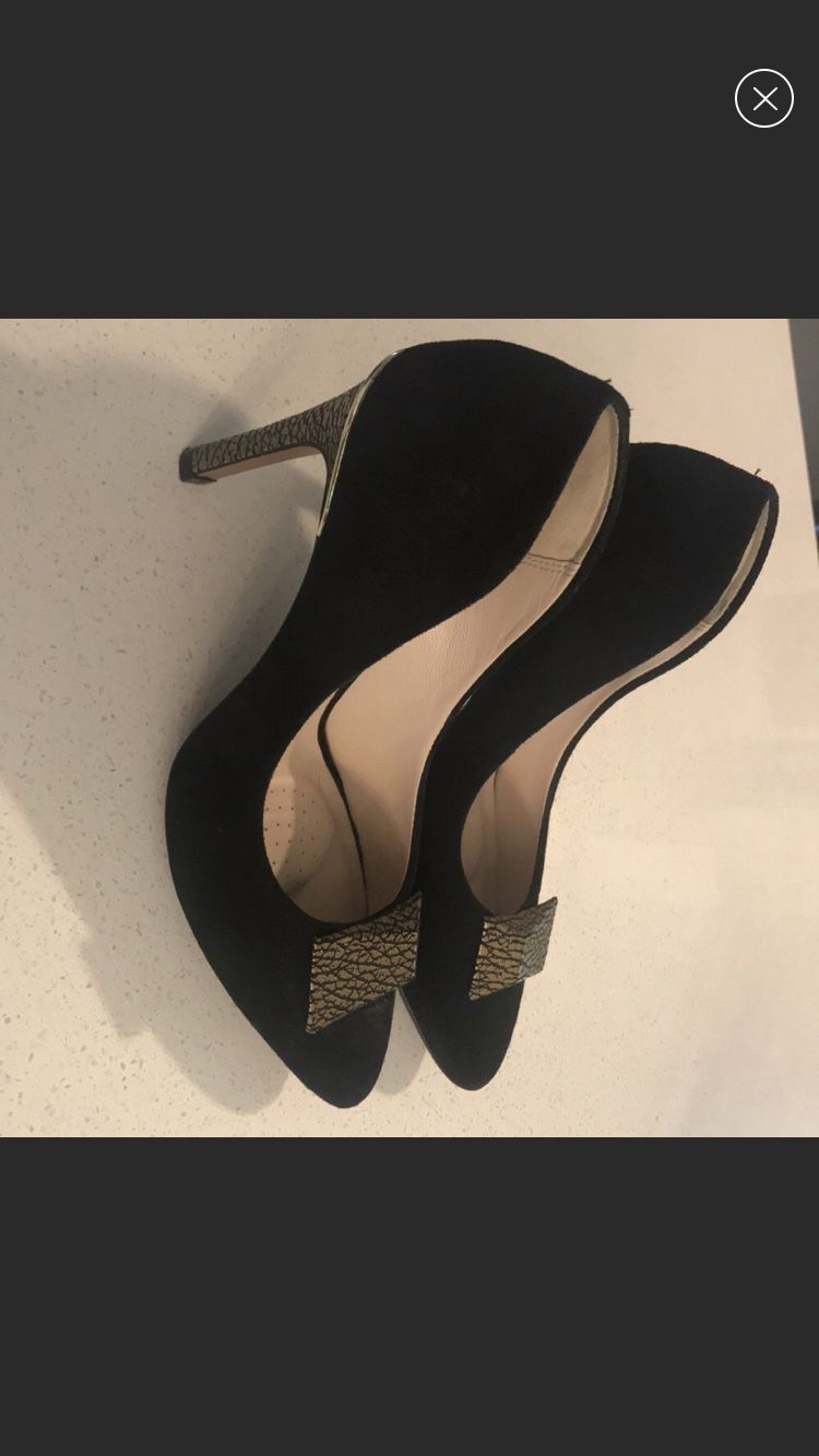 Clarks Black Suede Pumps with Gold Accents