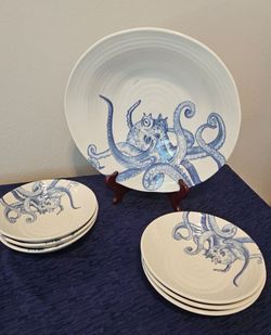 Made in Italy Hand-Painted Blue Octopus Large Serving Bowl & 6 Plate Set