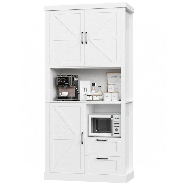 76" Tall Kitchen Pantry, Free-standing Wood Storage Cabinet with Farmhouse Barn Doors