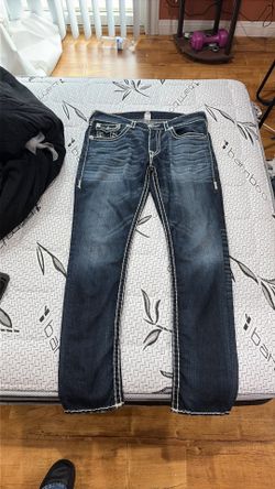 True Religion Men's Straight Leg Jeans Size 34 – Dark Wash Thick White Contrast Stitch Flap Pockets