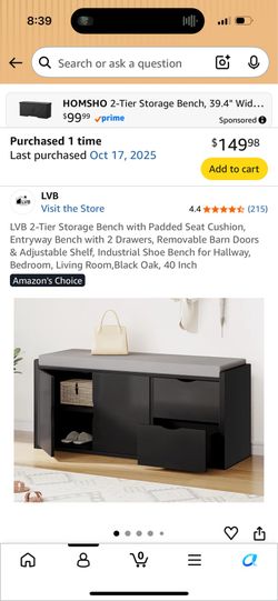Storage Bench w/ Padded Seat - Never Assembled