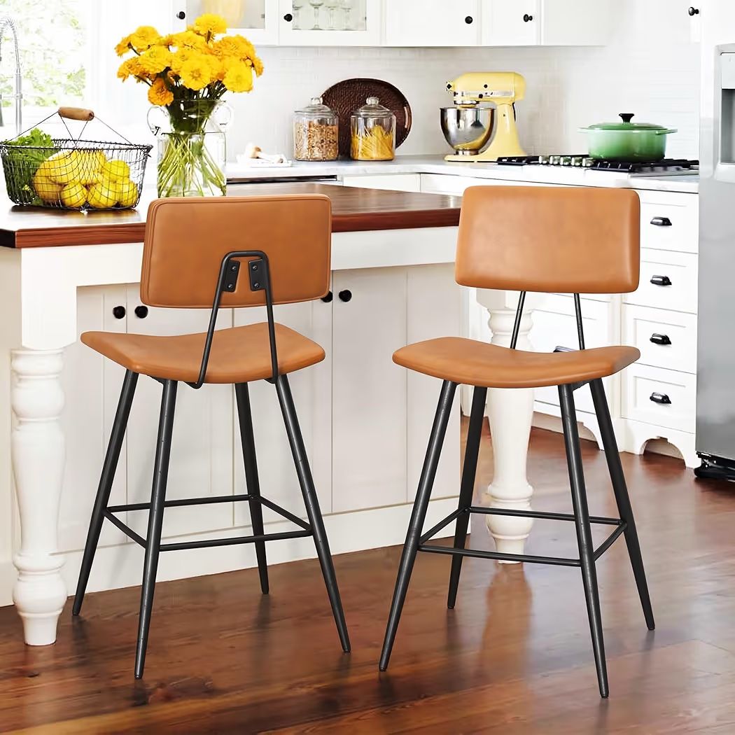 24.5" Counter Height Bar Stools Set of 2, Whiskey Brown Faux Leather Upholstered Barstools with Back Footrest and Metal Legs, Armless Bar Chairs for K