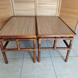 Pair of Vintage 40'S or 50'S Rattan End Tables with Unusual Floating Tops.