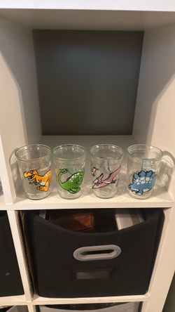 4 Welch’s Jelly Jam Jar DINOSAUR Glasses 1988 Vintage Very Good