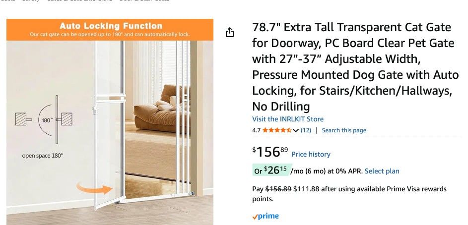 78.7" Extra Tall Transparent Cat Gate for Doorway, PC Board Clear Pet Gate with 27”-37” Width,